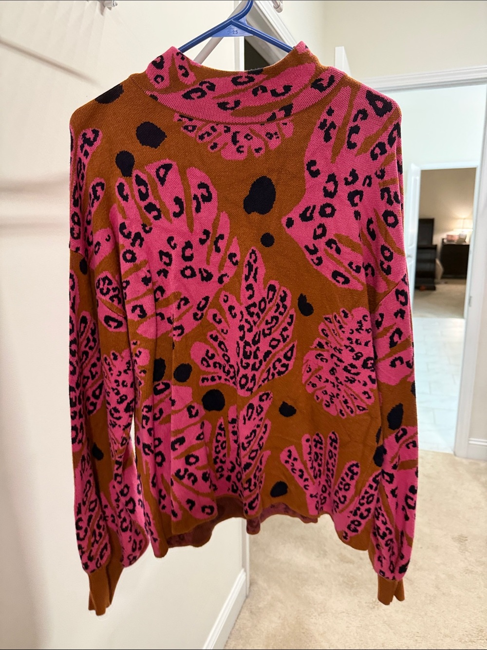 Chance or Fate Pink and Brown Leaf-Print Mock Neck Pullover